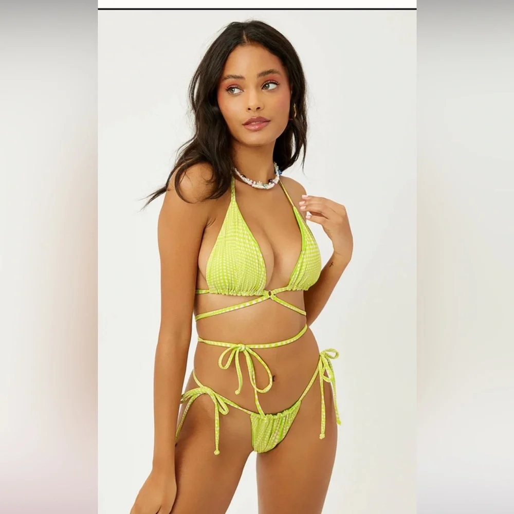 🟢Frankie's Neon Lime Triangle String tie around waist bikini Set 🟢
